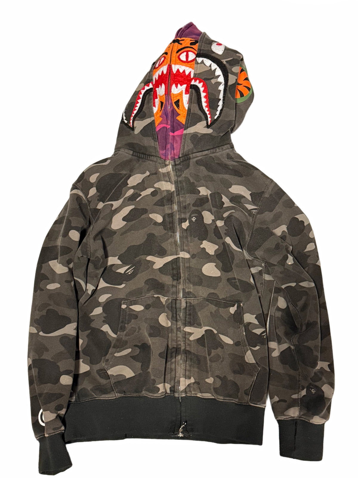 BAPE Color Camo Tiger Shark Wide Full Zip Double Hoodie Black