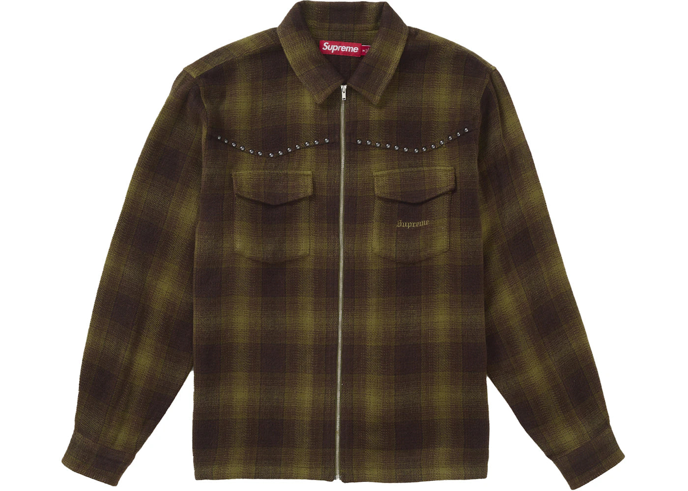 Supreme Studded Shadow Plaid Zip Up Shirt Green