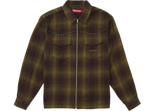 Supreme Studded Shadow Plaid Zip Up Shirt Green