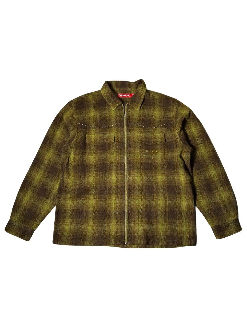 Supreme Studded Shadow Plaid Zip Up Shirt Green