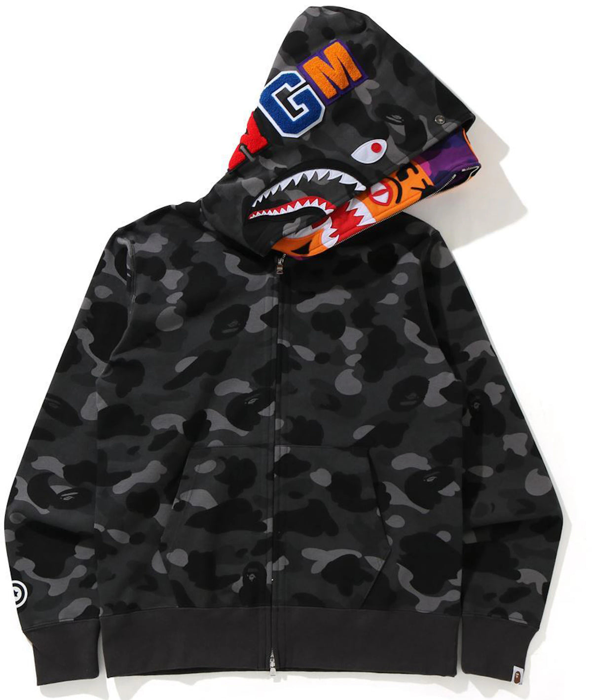 BAPE Color Camo Tiger Shark Wide Full Zip Double Hoodie Black