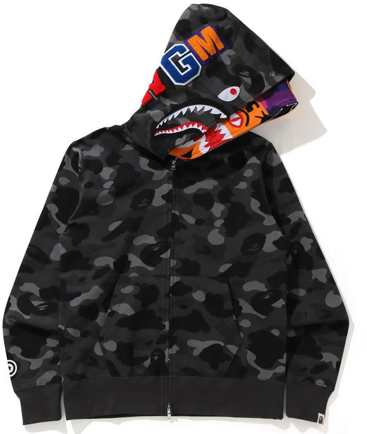 BAPE Color Camo Tiger Shark Wide Full Zip Double Hoodie Black