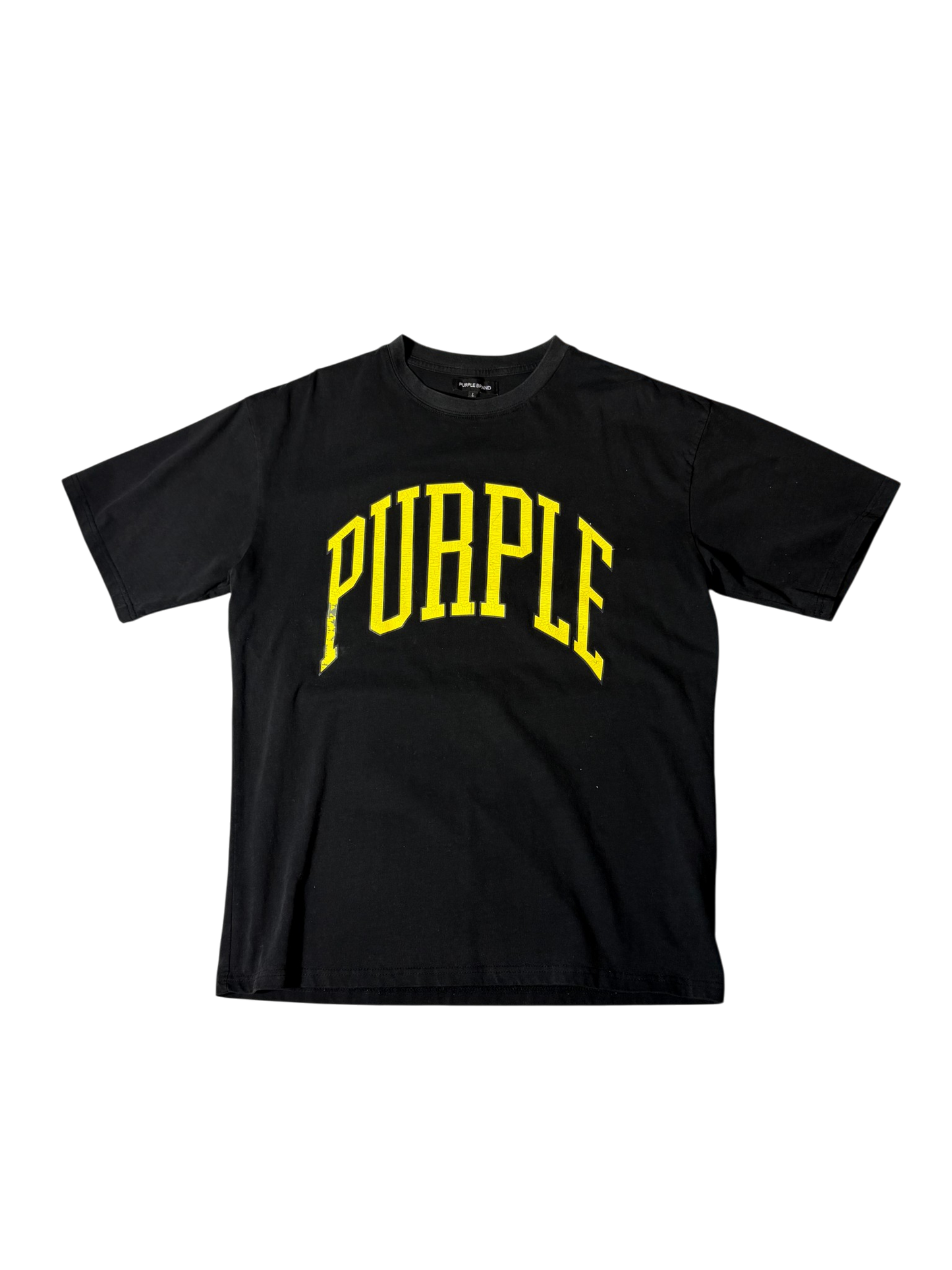 Purple brand yellow logo tee