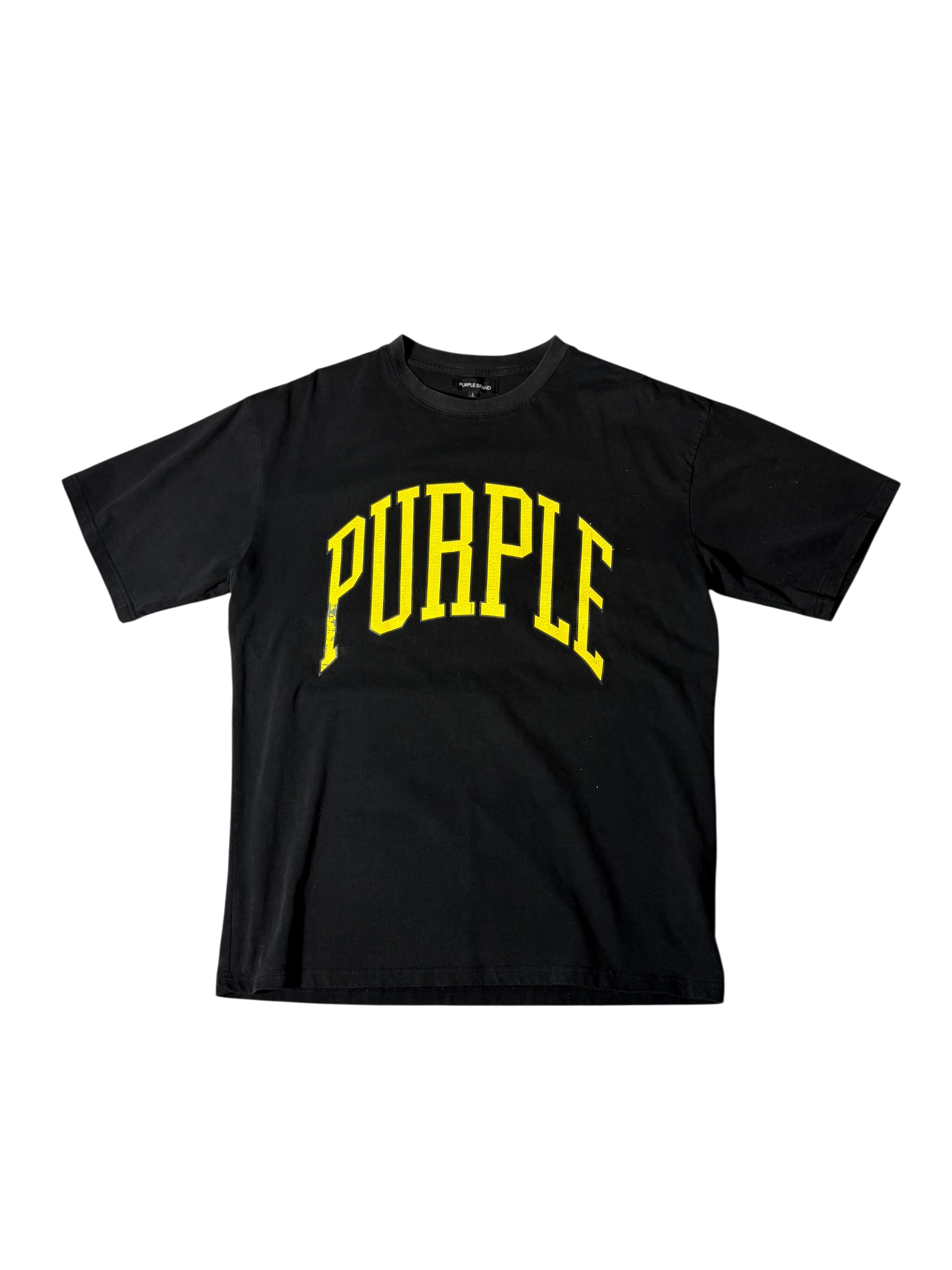 Purple brand yellow logo tee