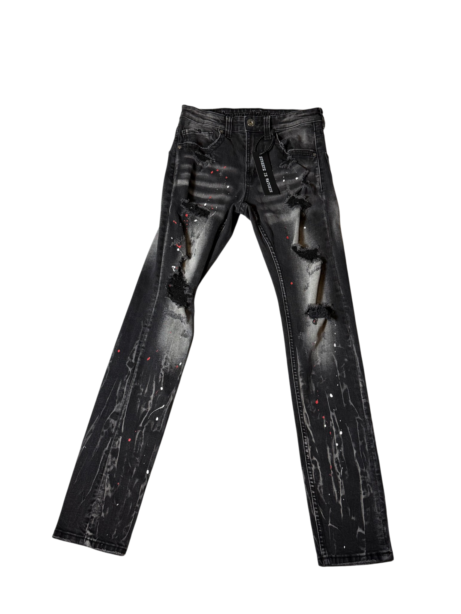 Streetz Iz Watchin Black Denim Jeans Red Splatter